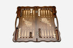 Angled view of the handmade Armenian backgammon set showing the carved lid