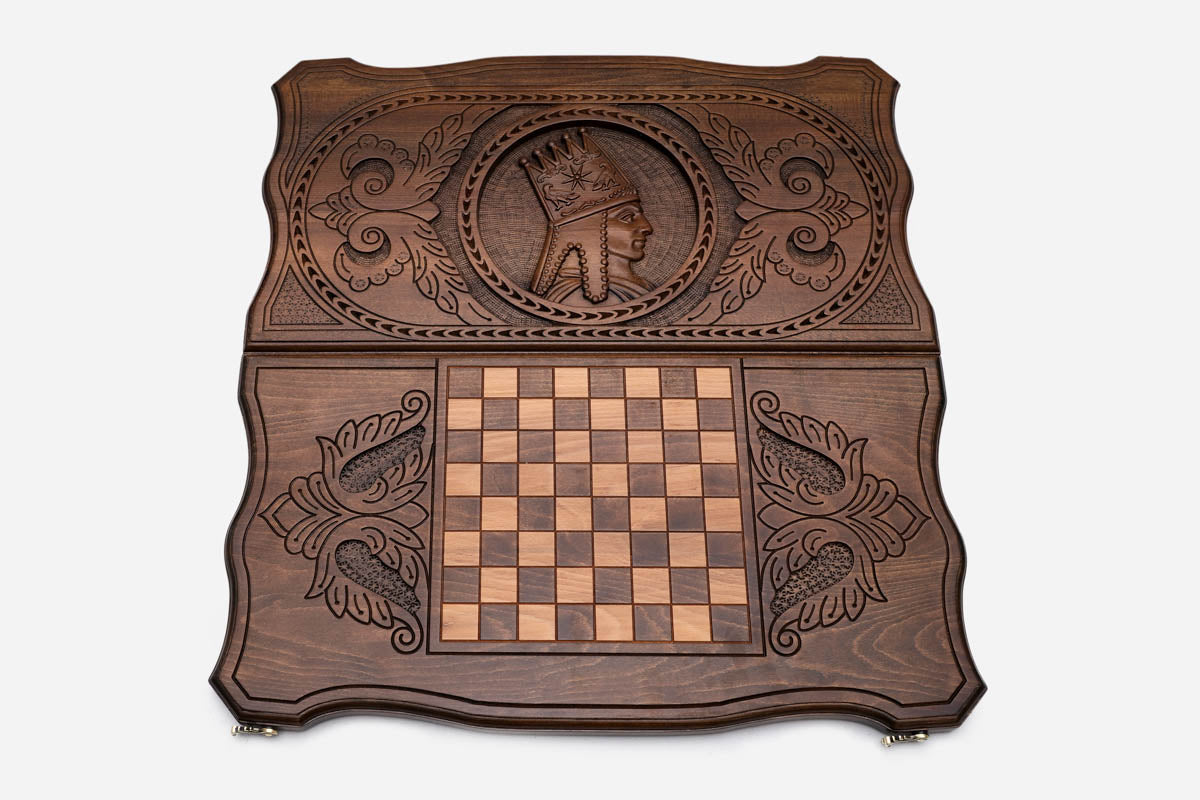 Carved reverse face of the Tigran the Great Armenian backgammon set