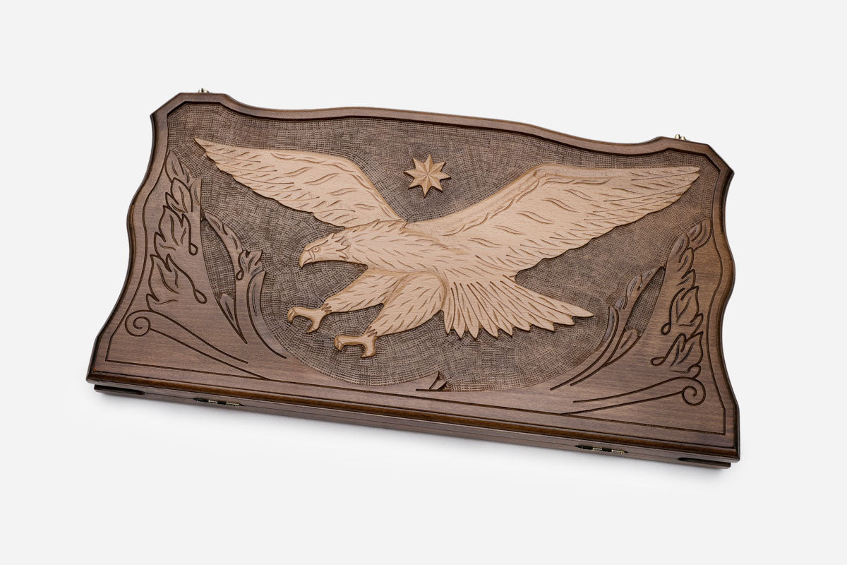 Flying eagle backgammon set with 32 beech and walnut checkers and dice