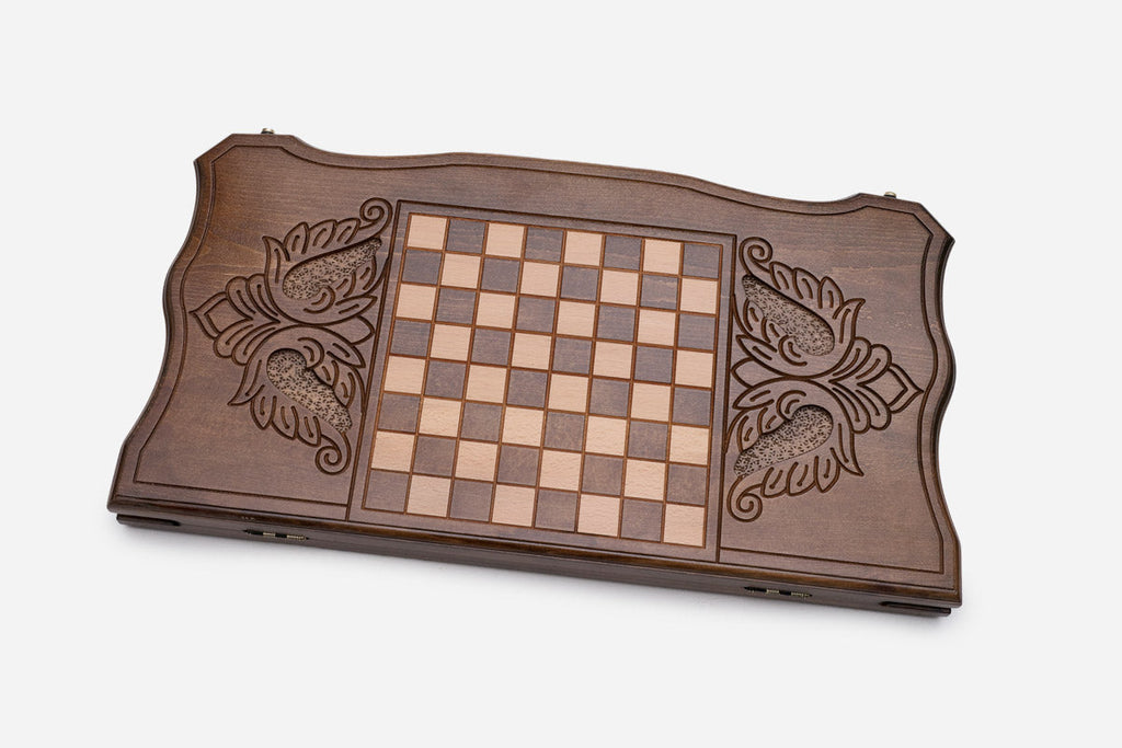 Wooden backgammon set open to the 23.6 inch / 60 cm nardi playing field