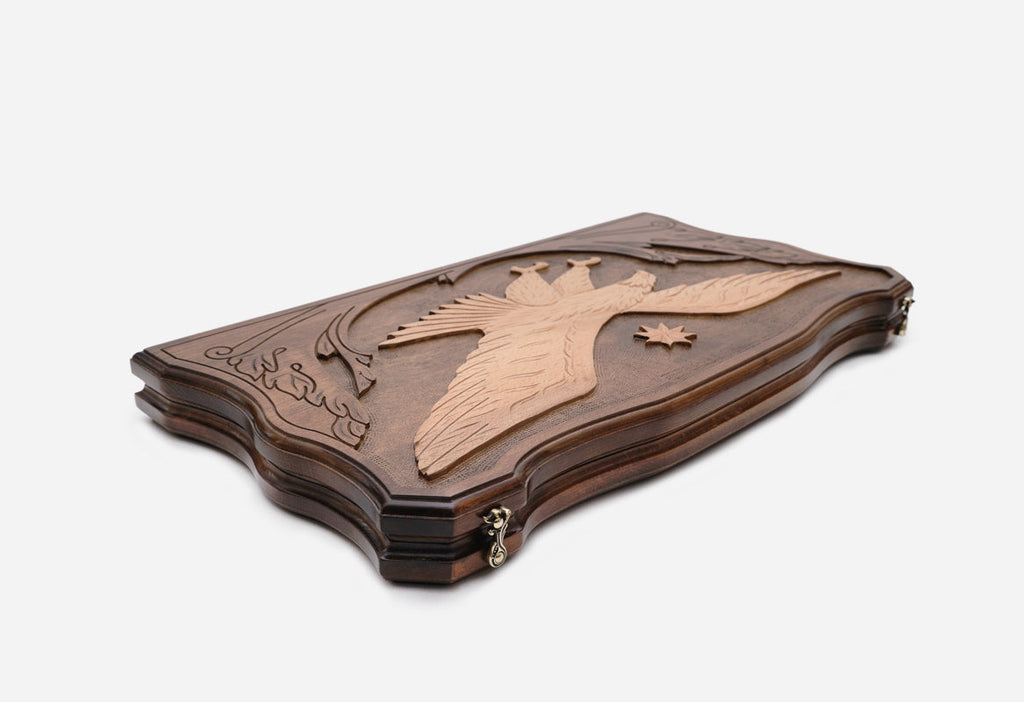 Handmade wooden backgammon set with carved flying eagle - side view