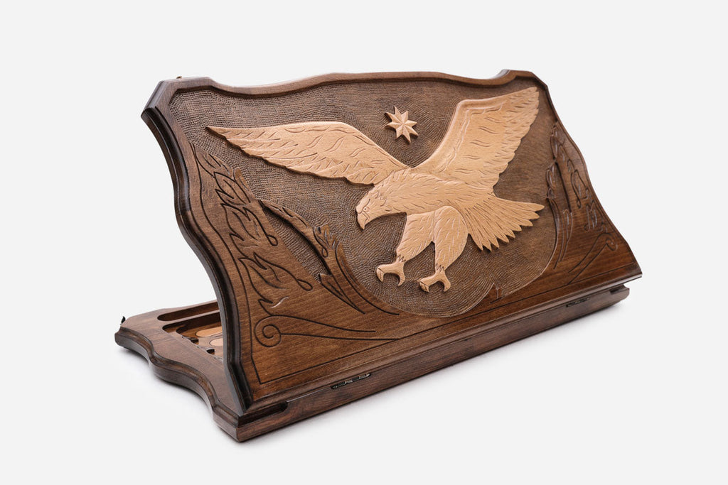 Backgammon Set with Flying Eagle - hand-carved wooden backgammon board