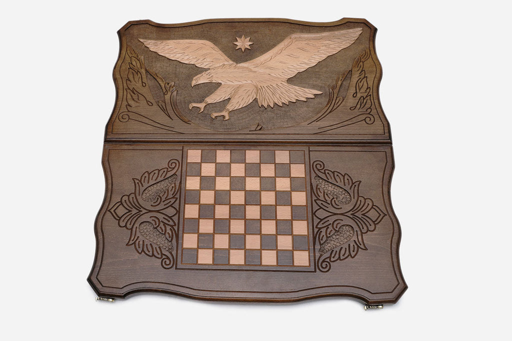 Flying eagle backgammon set shown folded with bronze hinges and clasps