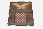Flying eagle backgammon set shown folded with bronze hinges and clasps