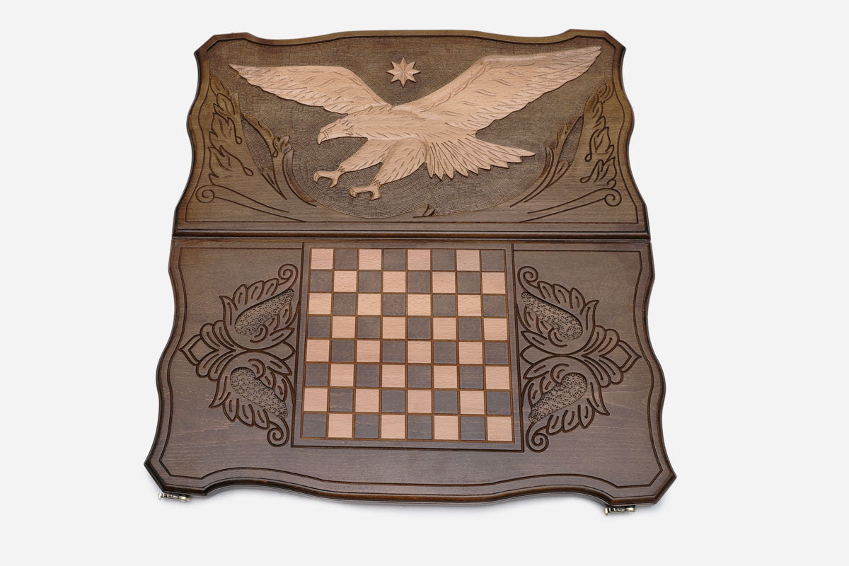 Flying eagle backgammon set shown folded with bronze hinges and clasps