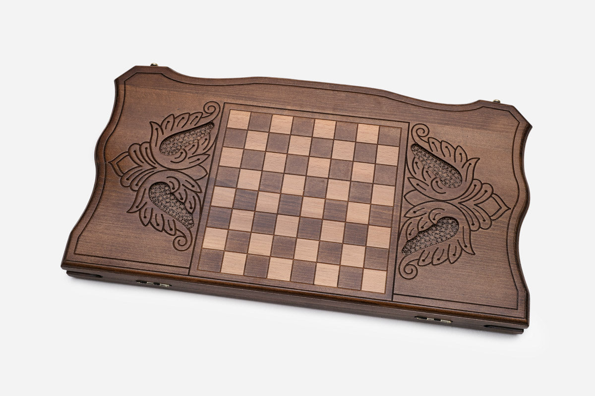 Wooden backgammon set open to the 23.6 inch / 60 cm nardi playing field
