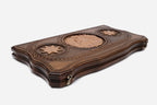 Handmade wooden backgammon set with carved lion - side view