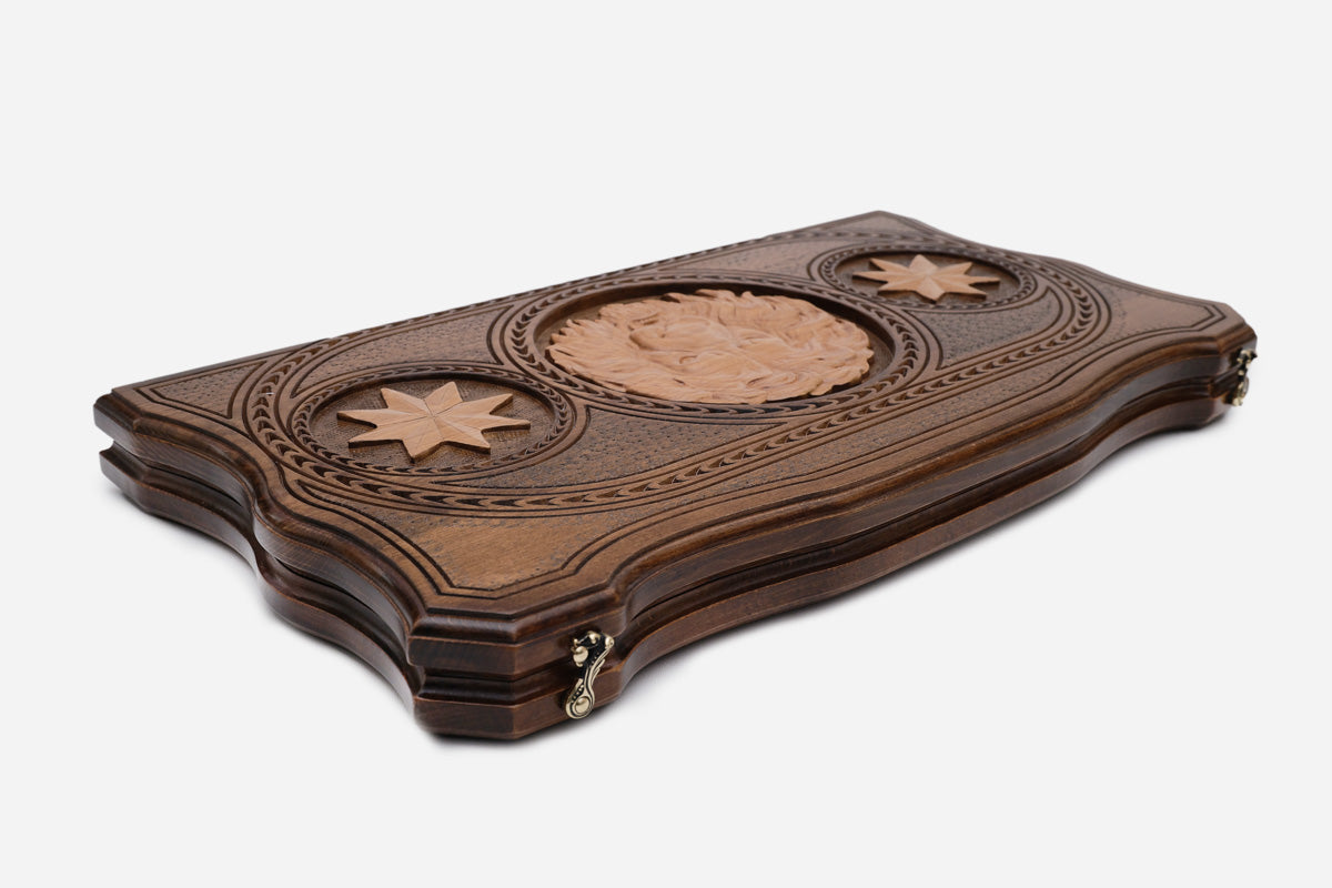 Handmade wooden backgammon set with carved lion - side view