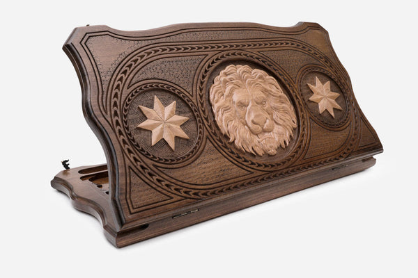 Backgammon Set with Lion and Octagon Symbols - hand-carved wooden board
