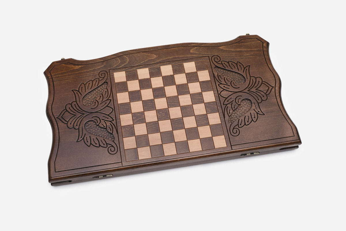 Wooden backgammon set open to the 23.6 inch / 60 cm nardi playing field