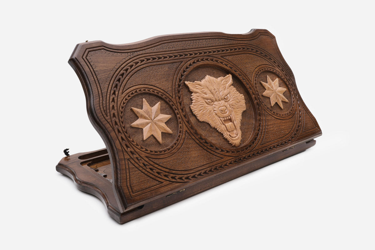 Backgammon Set with Wolf and Octagon Symbols - hand-carved wooden board