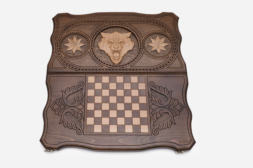 Wolf and octagon backgammon set shown folded with bronze hinges and clasps