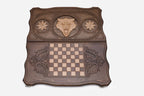 Wolf and octagon backgammon set shown folded with bronze hinges and clasps