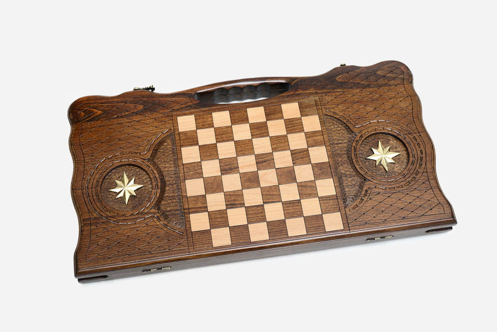 Angled view of the luxury handmade backgammon set showing the carved lid