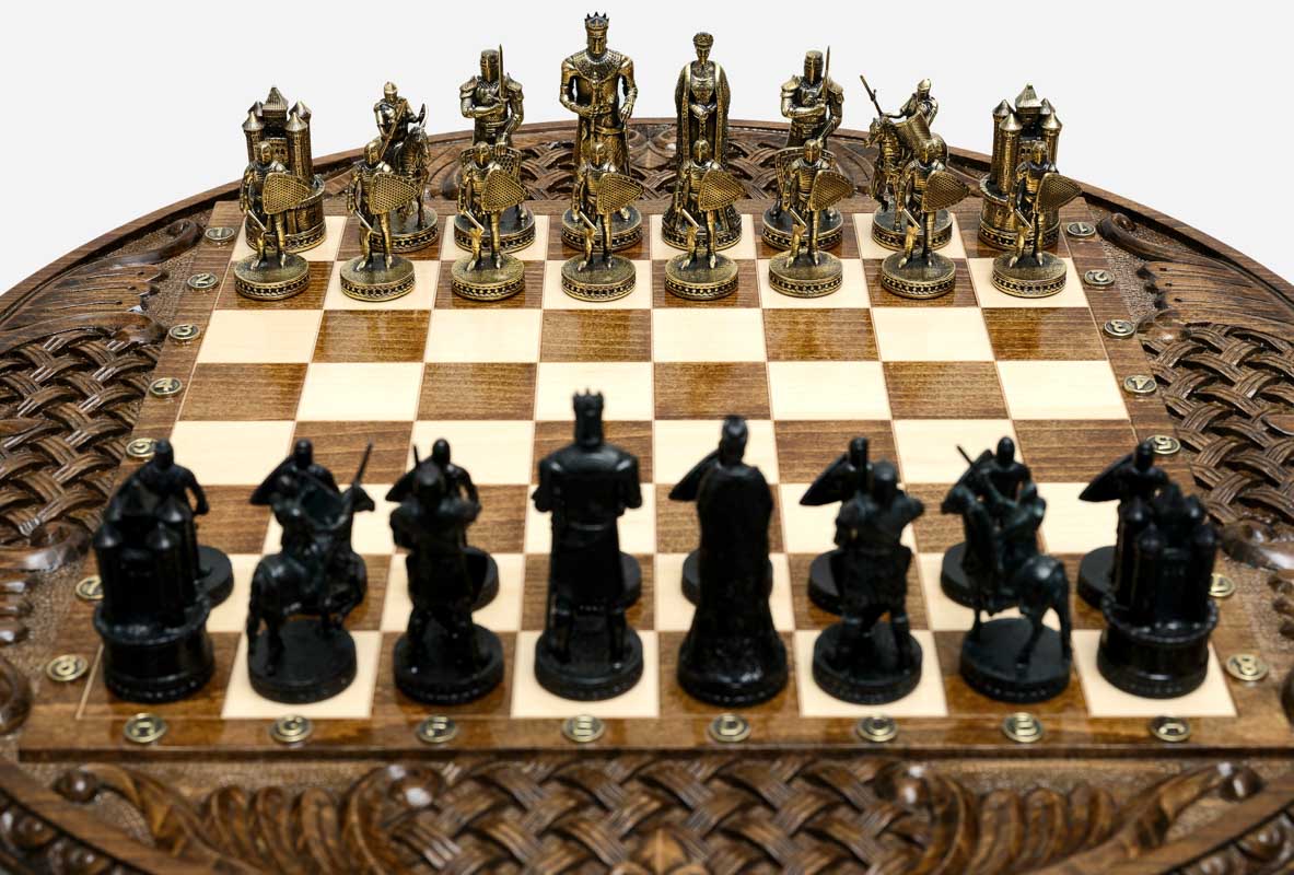 View of the fluted column pedestal and stepped round base of the chess table