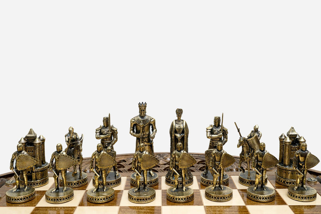 Three-quarter view of the finished Crusader pedestal chess table with both armies