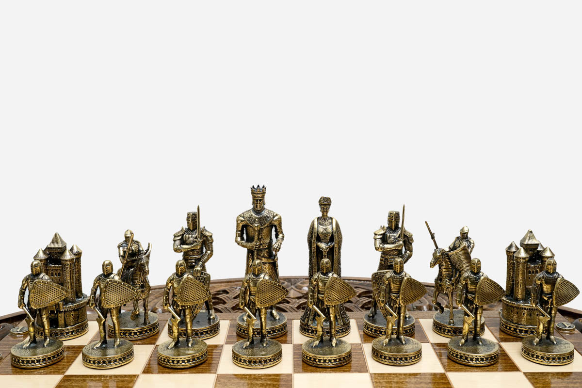 Three-quarter view of the finished Crusader pedestal chess table with both armies