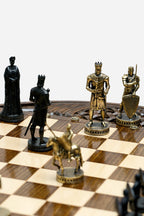 The full standing chess table seen from the front with both armies in starting position