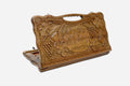 Carved walnut Armenian backgammon board with the Haghartsin Monastery and a cut-out carry handle, propped open
