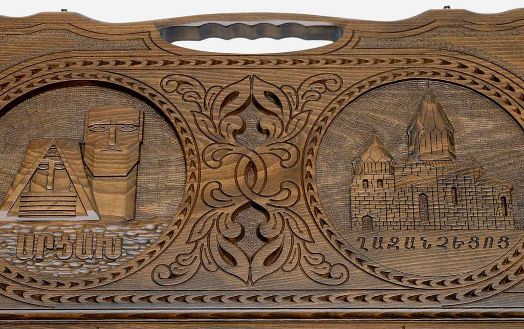 Detail of the scrollwork and Artsakh lettered in Armenian script