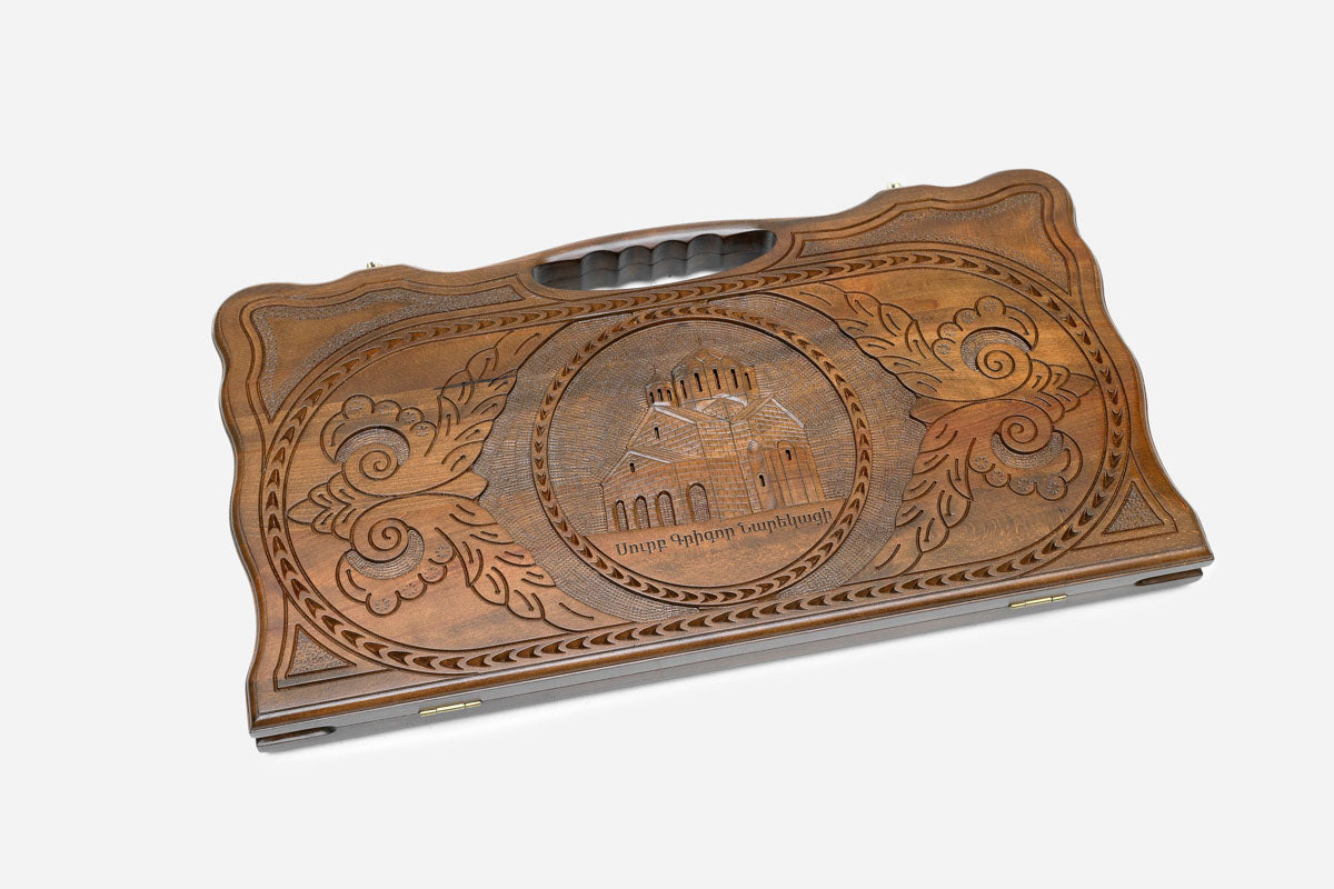 Angled view of the handmade Armenian backgammon set showing the carved lid