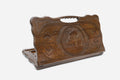 Carved Armenian backgammon board honouring Saint Grigor Narekatsi, with a cut-out carry handle, propped open