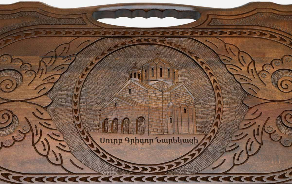 The Armenian backgammon board opened to the full 60 cm wooden playing field
