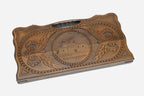 Angled view of the handmade Armenian backgammon set showing the carved lid