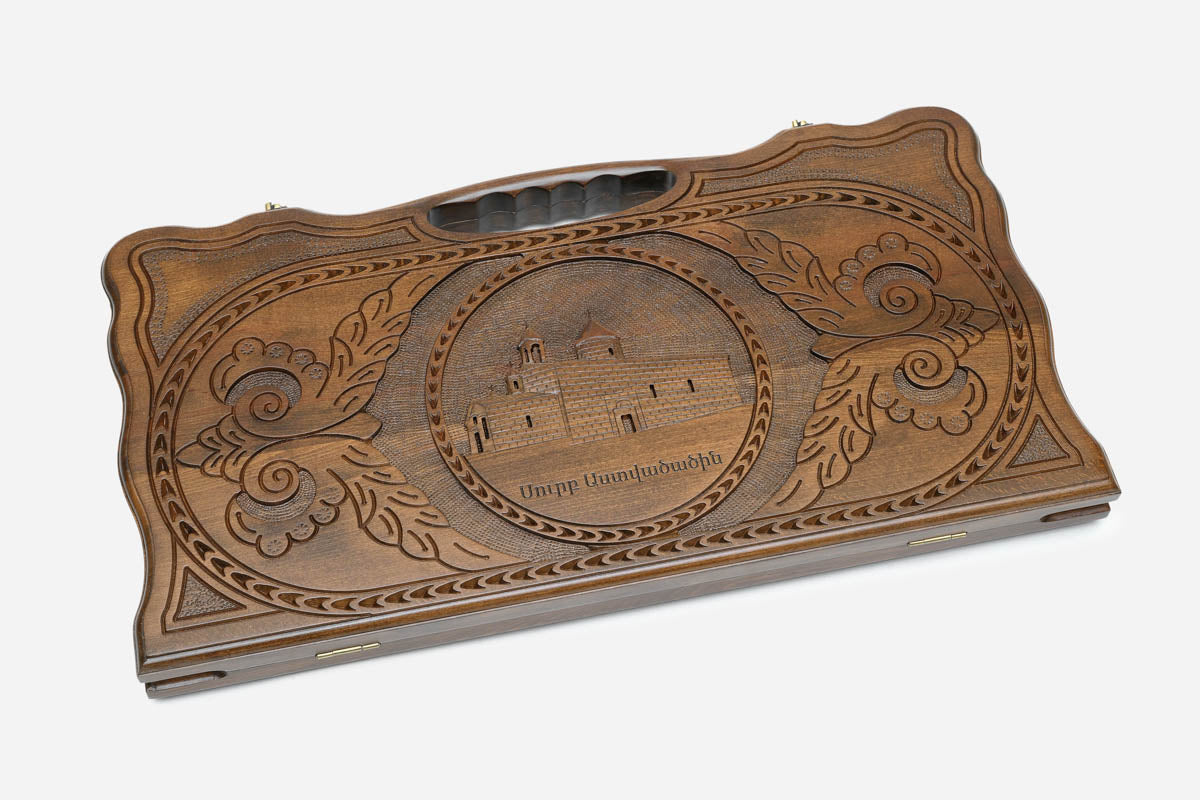 Angled view of the handmade Armenian backgammon set showing the carved lid