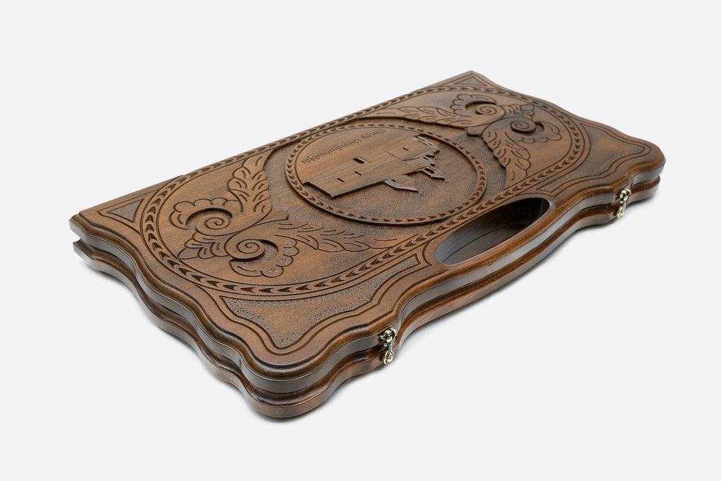 The Armenian backgammon board opened to the full 60 cm wooden playing field