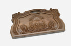 Angled view of the luxury walnut backgammon set showing the carved lion