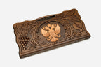 Angled view of the handmade Russian backgammon set showing the carved lid