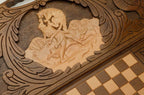 The backgammon board opened to the full 60 cm wooden playing field