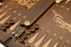 Side view of the folded board showing its bronze hinges and clasps