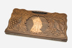 Angled view of the handmade Armenian backgammon set showing the carved lid