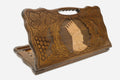 Carved Armenian backgammon board with Tigran the Great crowned in profile, cut-out carry handle, propped open