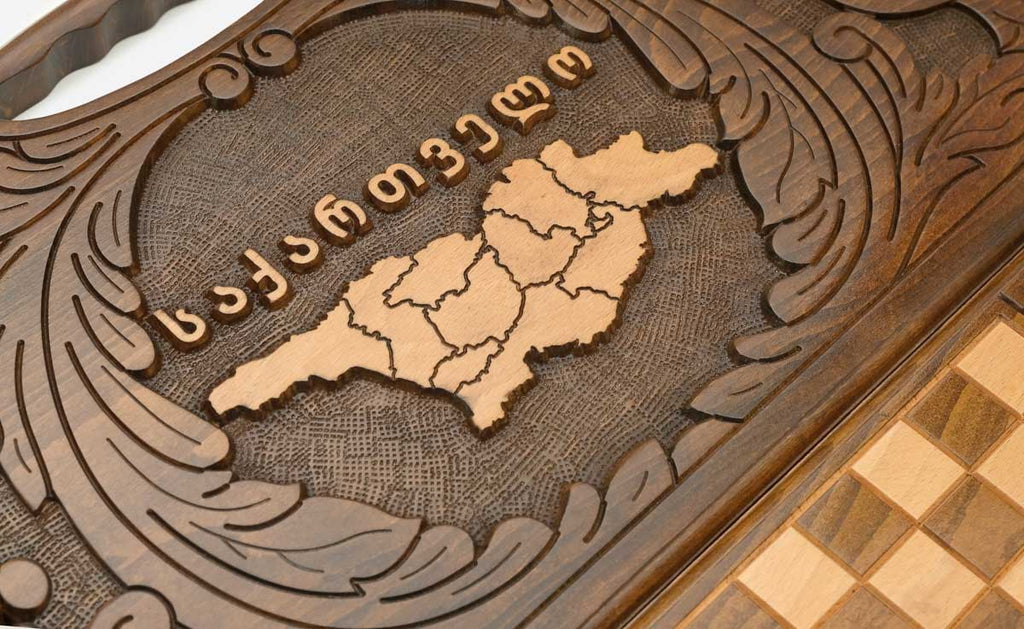 The Georgian backgammon board opened to the full 60 cm wooden playing field