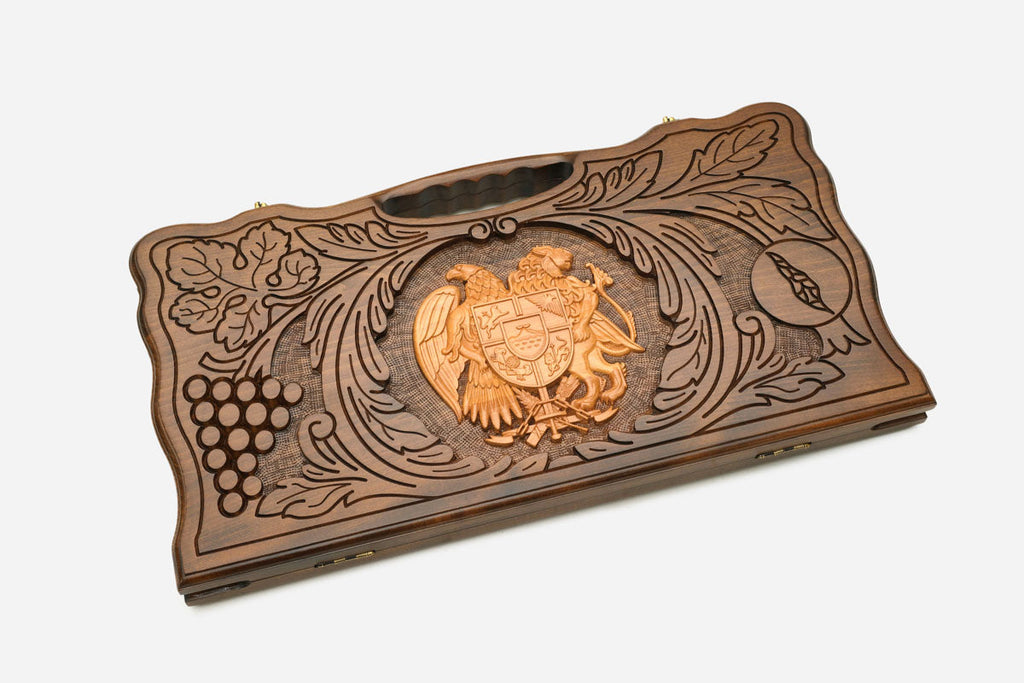 Angled view of the handmade Armenian backgammon set showing the carved lid