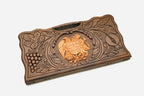 Angled view of the handmade Armenian backgammon set showing the carved lid