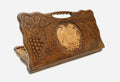 Carved Armenian backgammon board with the coat of arms in a wreath of grapevines, cut-out carry handle, propped open