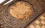 Detail of the carved grapevines wreathing the shield