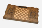 Angled view of the handmade Georgian backgammon set showing the carved lid