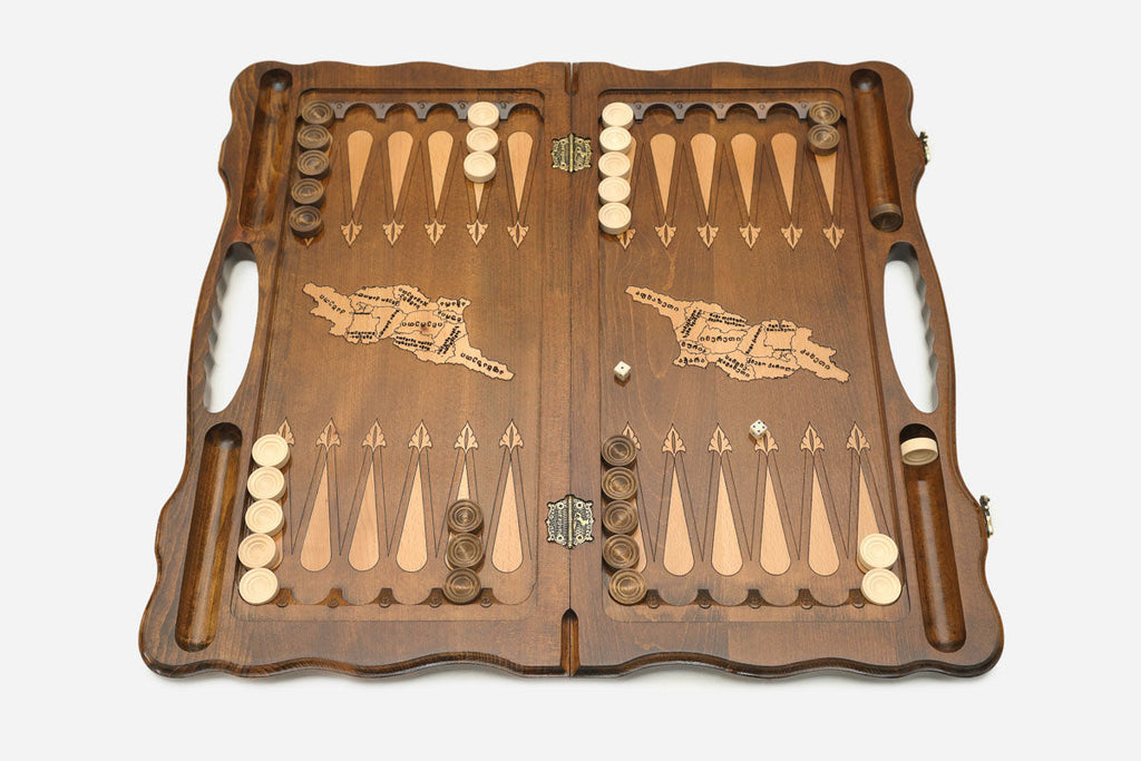 The Georgian backgammon board opened to the full 60 cm wooden playing field