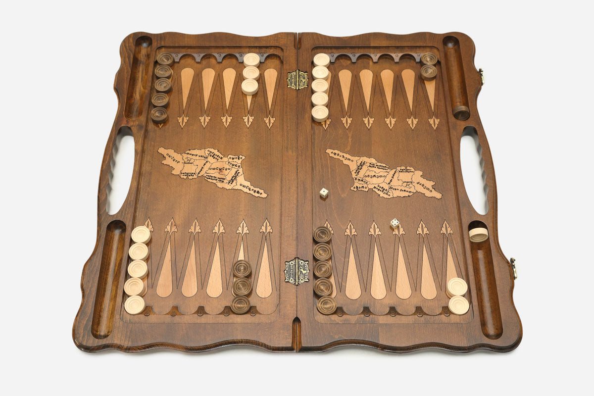 The Georgian backgammon board opened to the full 60 cm wooden playing field