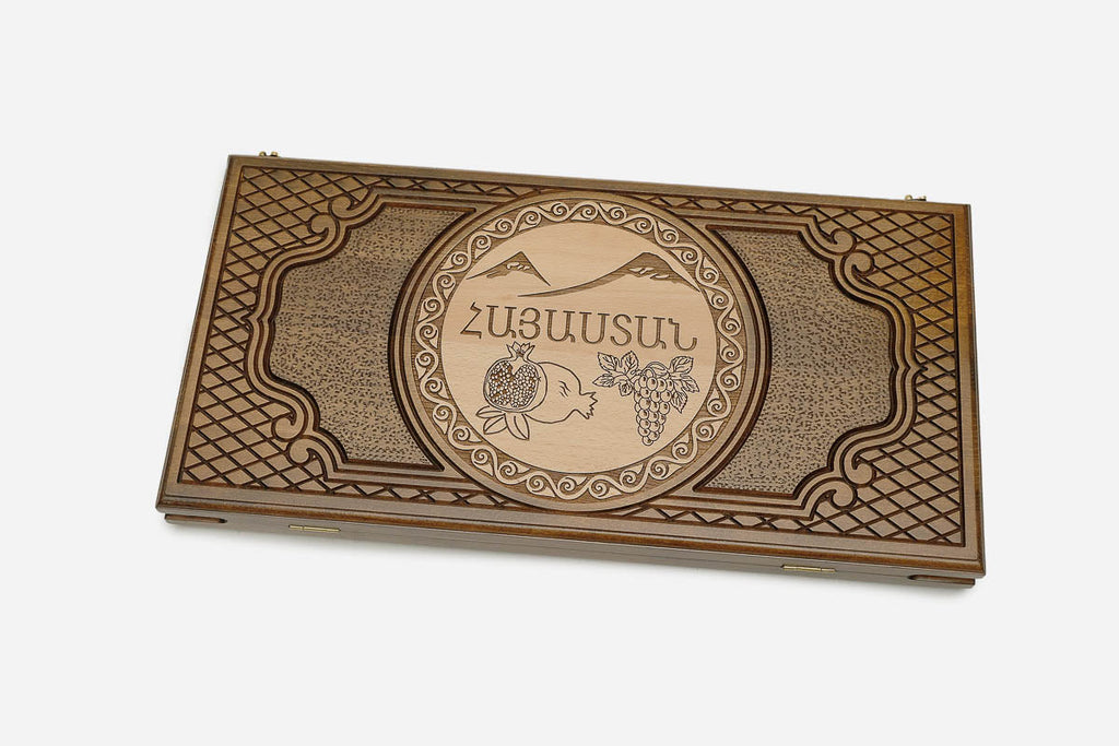 Hayastan backgammon set shown folded with bronze hinges and clasps