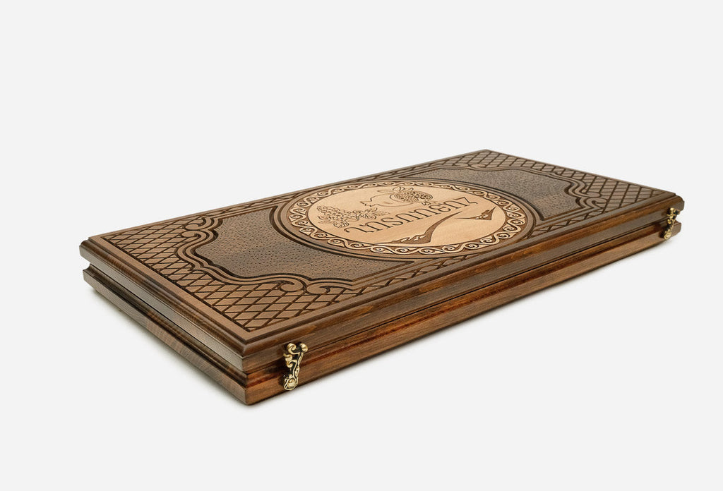 Handmade Armenian backgammon set with carved Mount Ararat - side view