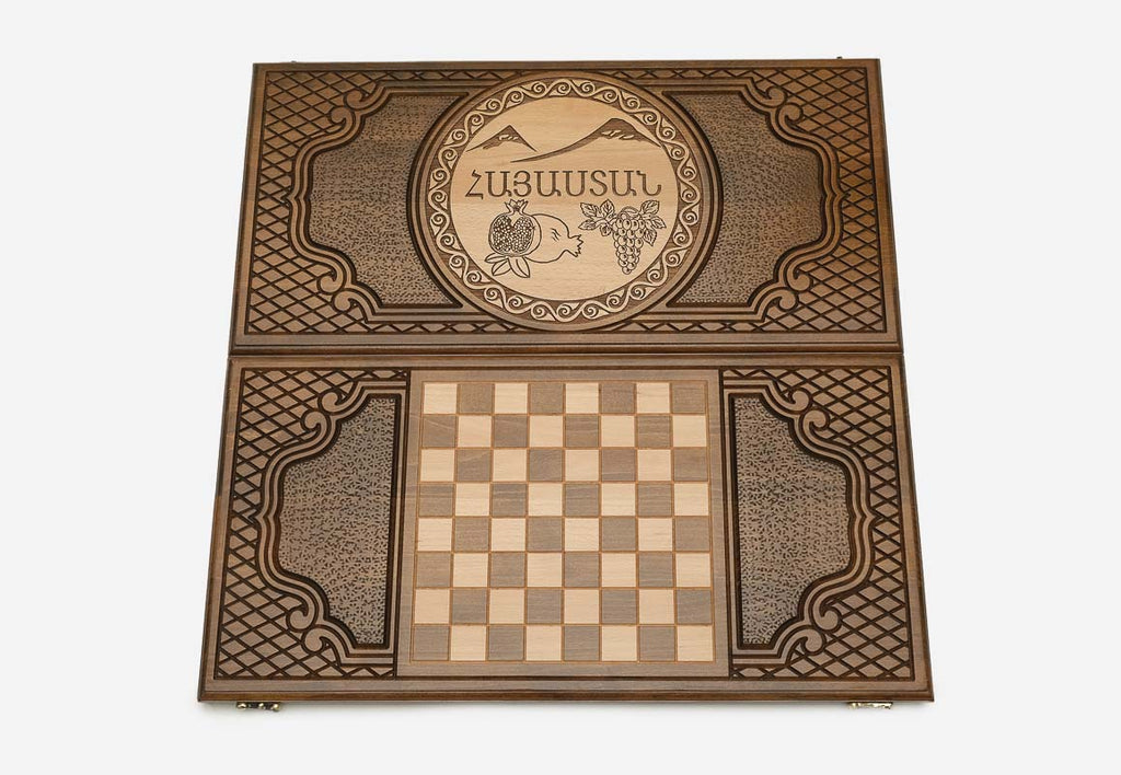 Armenian backgammon set open to the 23.6 inch / 60 cm nardi playing field