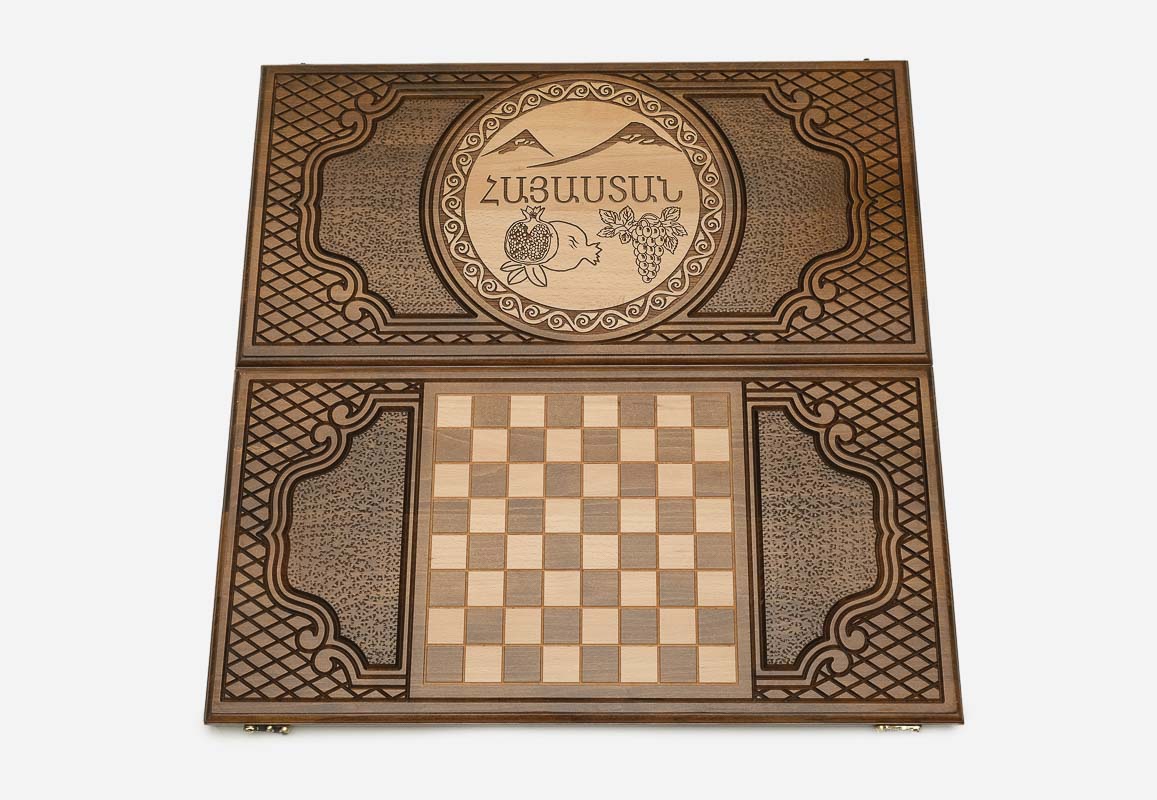 Armenian backgammon set open to the 23.6 inch / 60 cm nardi playing field