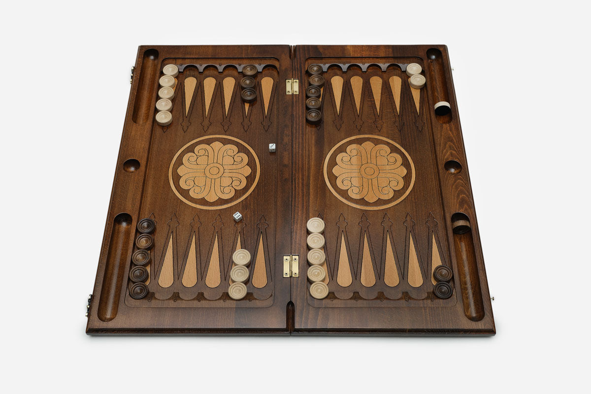 Hand-carved Armenian backgammon board with dice and carrying bag