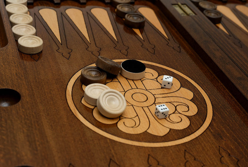 Wooden Armenian backgammon set with bronze hardware - closed view